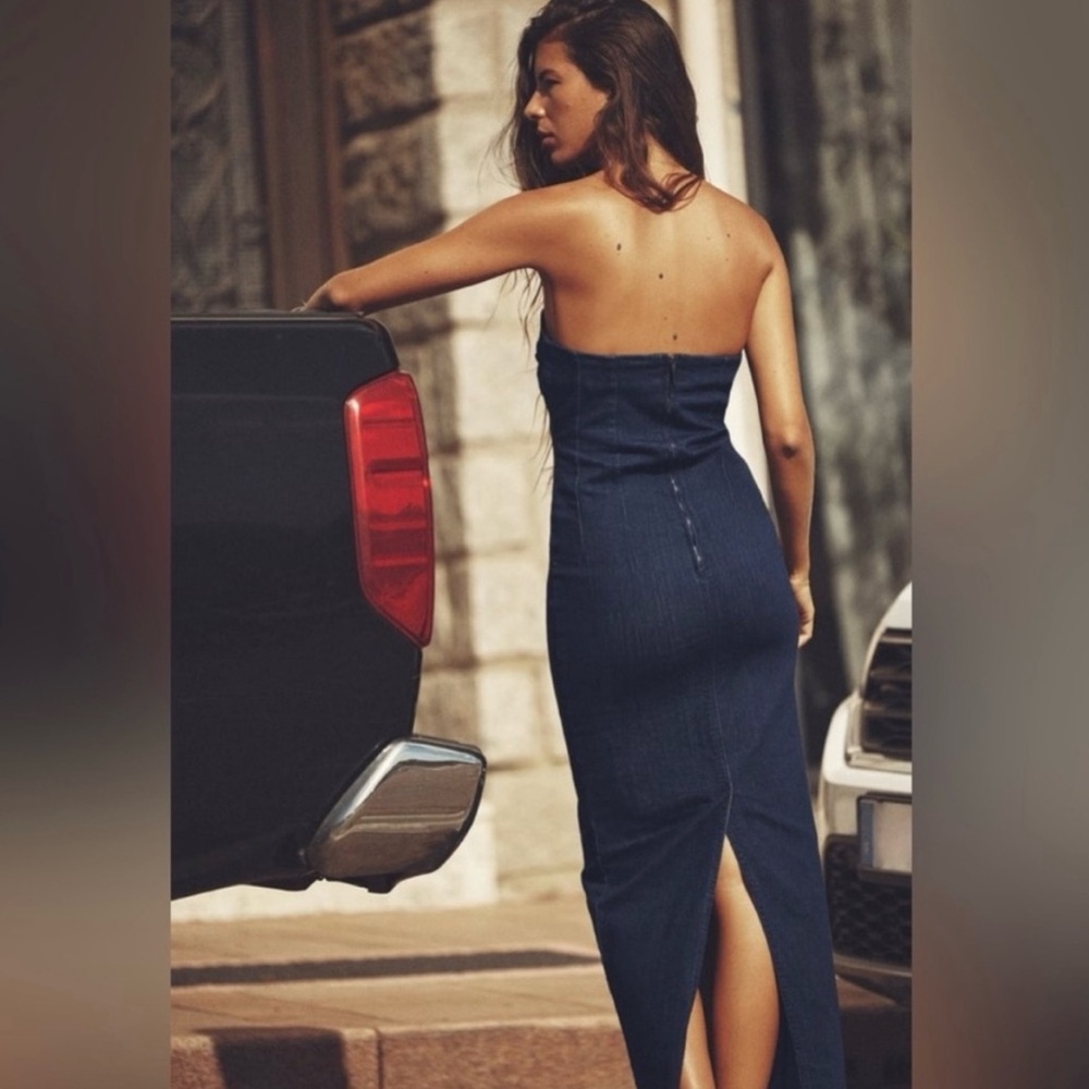 Zara dark denim strapless column Dress xs so sexy!